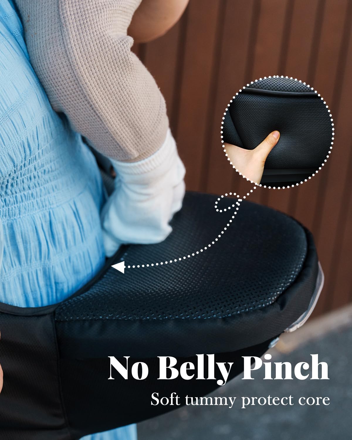 Image displaying a baby in a baby carrier and text about it's details