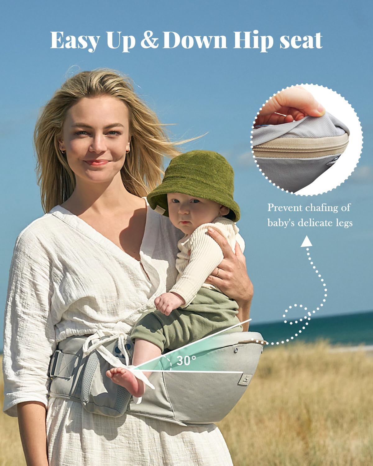 Image displaying a baby in a baby carrier and text about it's details