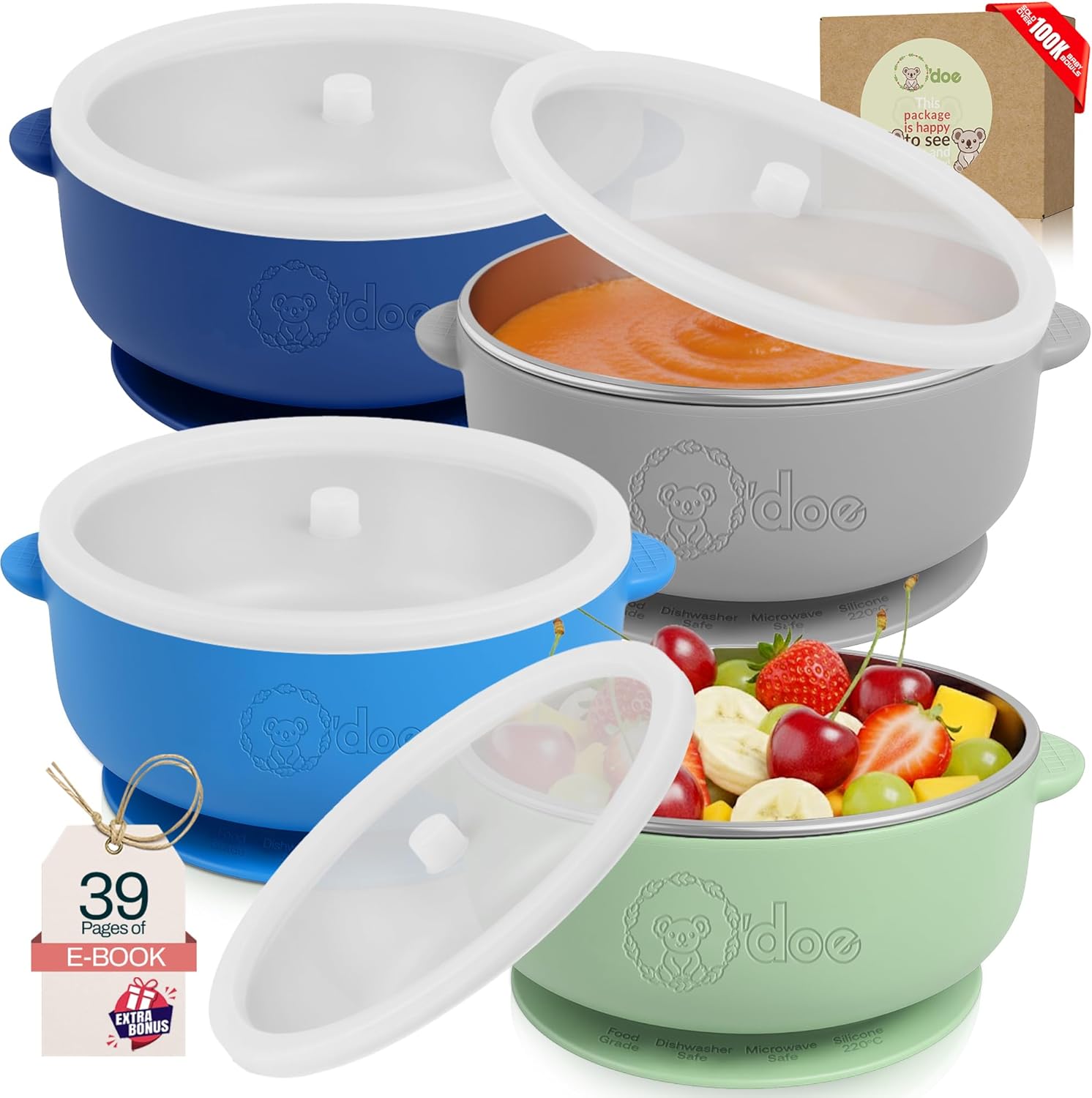 Set of BPA-free baby suction bowls made from stainless steel and food-grade silicone, ideal for toddlers and babies.
