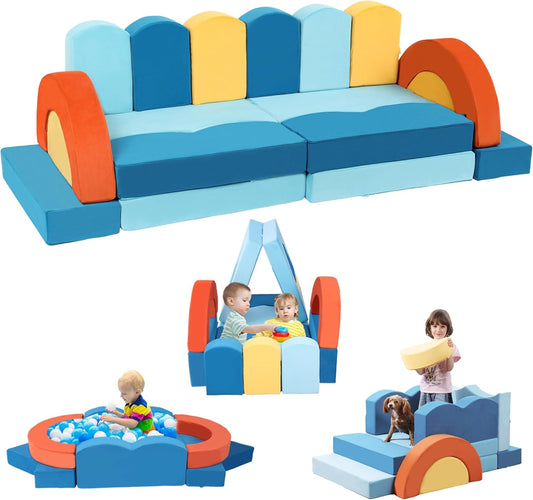 Soft modular play furniture for children, ideal for imaginative play, relaxing, and flexible indoor activities