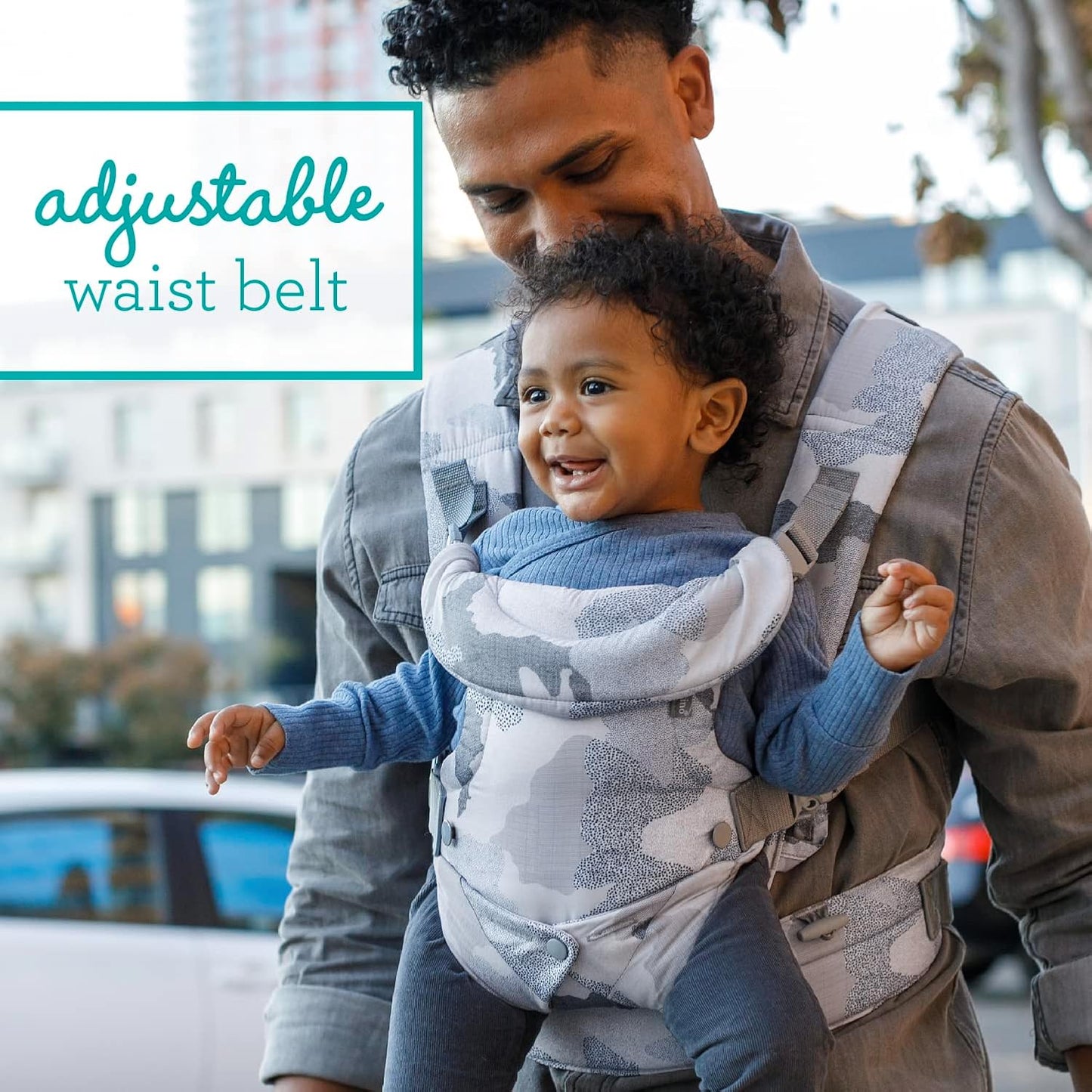 Image displaying a baby in a baby carrier and text about it's deetalis 