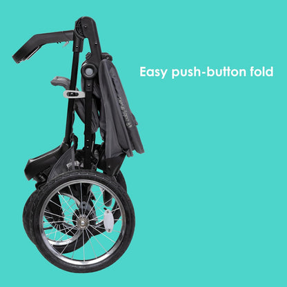 Image displaying a jogging stroller with text about it’s details