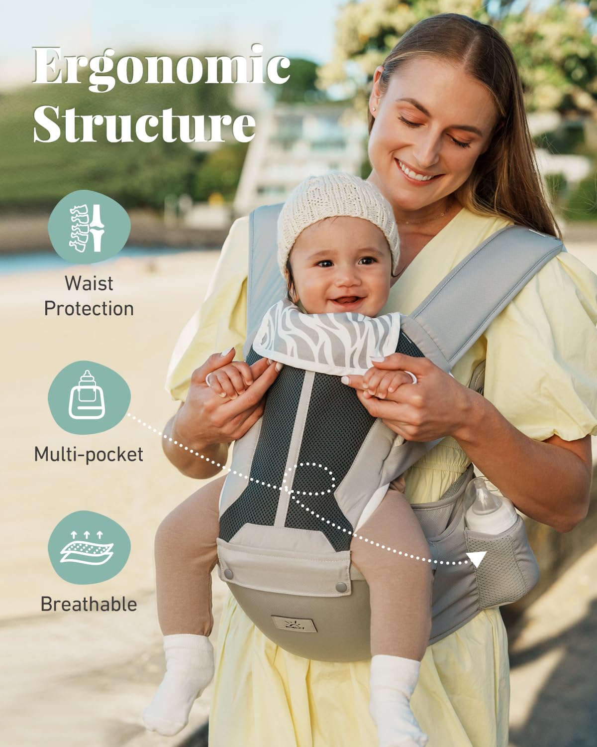 Image displaying a baby in a baby carrier and text about it's details