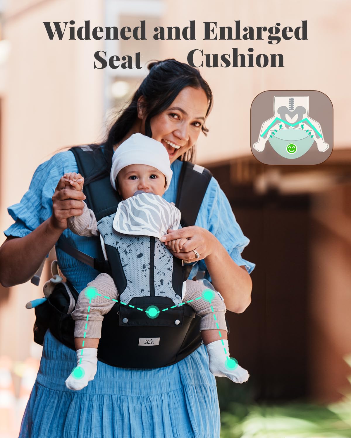 Image displaying a baby in a baby carrier and text about it's details