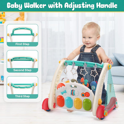 Image displaying a baby with a Baby activity play set and text about it's details