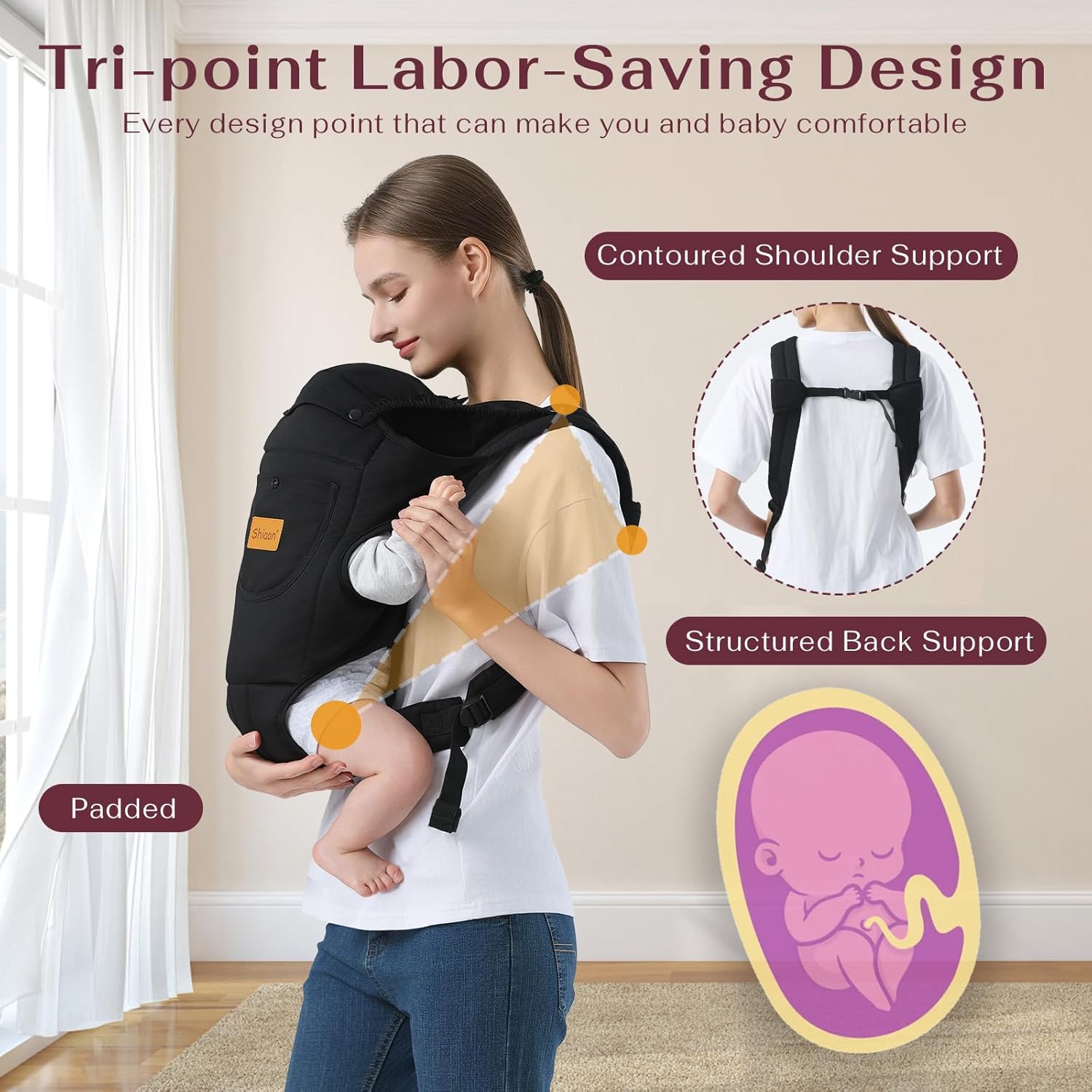 Image displaying a baby in a baby carrier and text about it's details