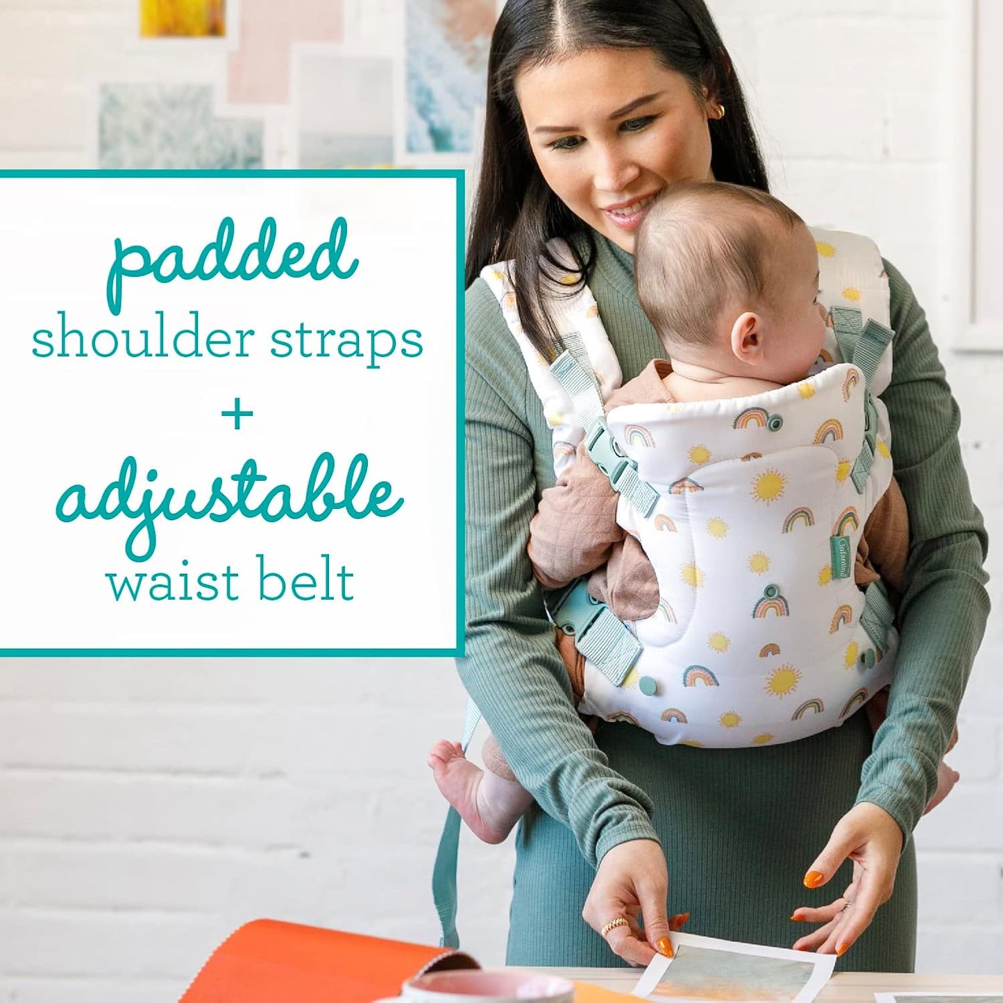 Image displaying a baby in a baby carrier and text about it's deetalis 