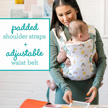 Image displaying a baby in a baby carrier and text about it's deetalis 