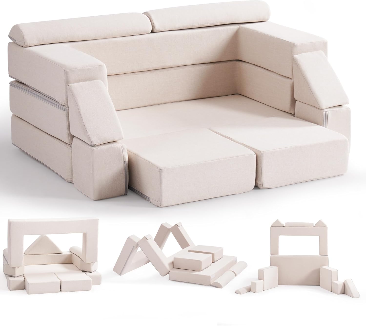 Soft modular play furniture for children, ideal for imaginative play, relaxing, and flexible indoor activities