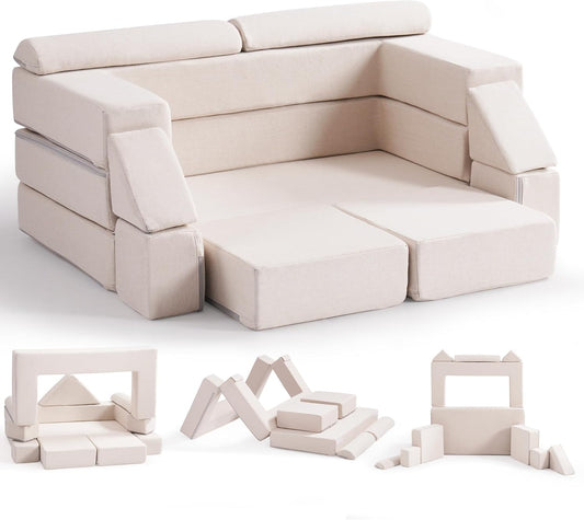 Soft modular play furniture for children, ideal for imaginative play, relaxing, and flexible indoor activities