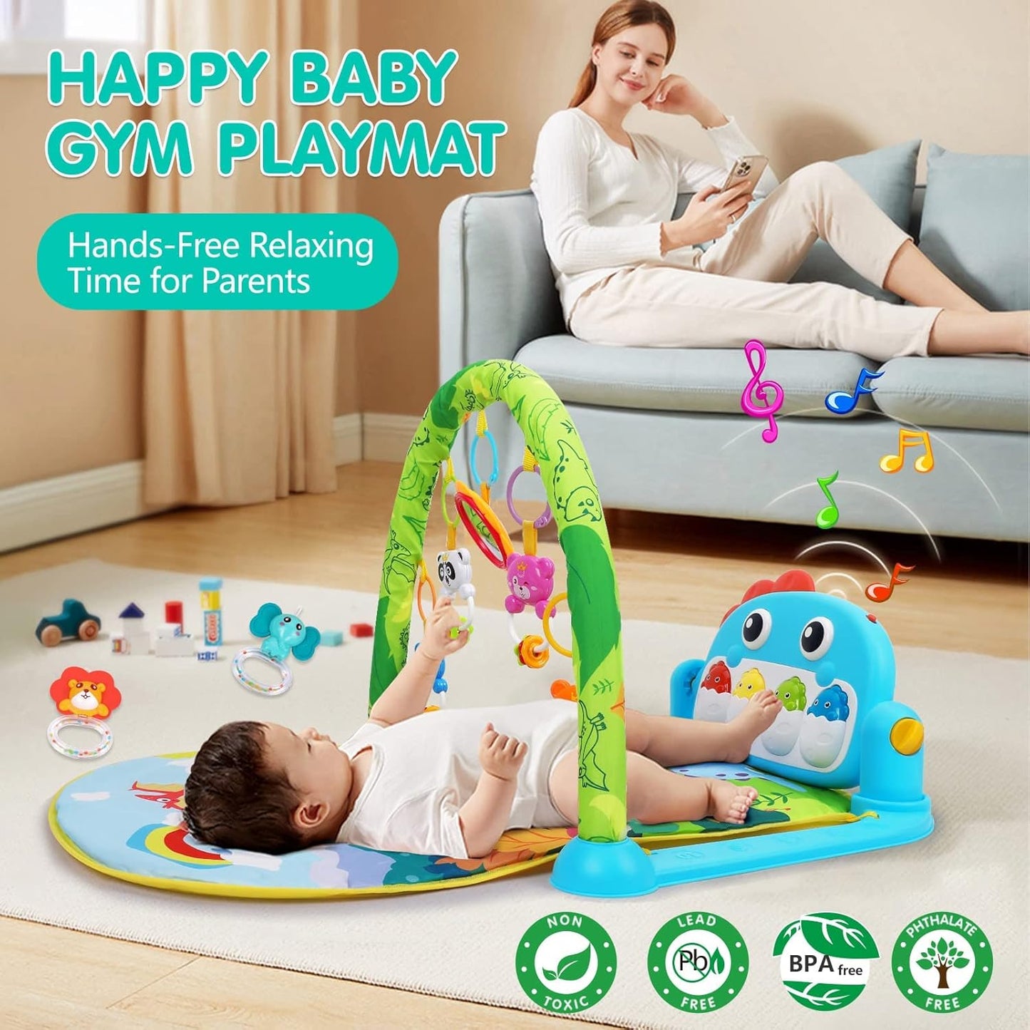 Image displaying a baby with a Baby activity play set and text about it's details