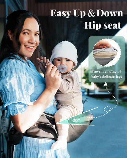 Image displaying a baby in a baby carrier and text about it's details