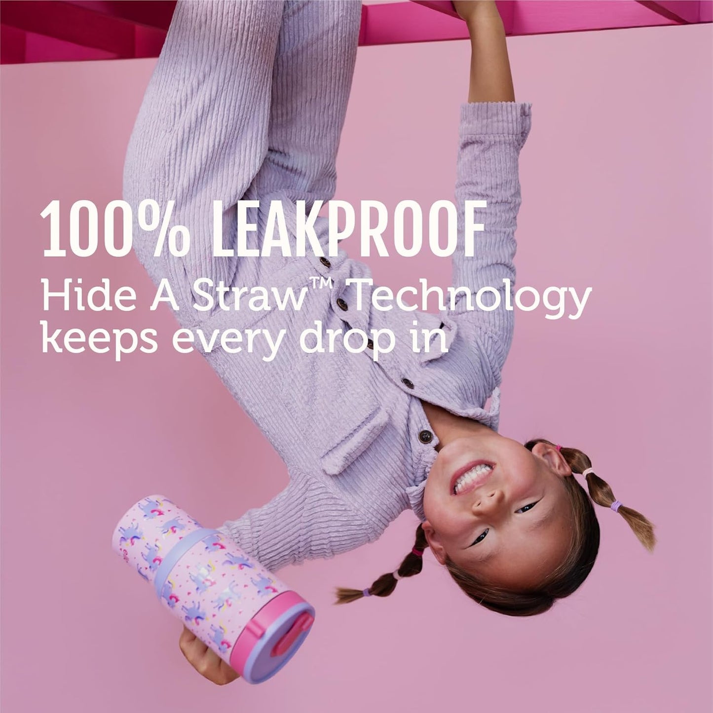 Image displaying a kid holding a tumbler and text about it's details