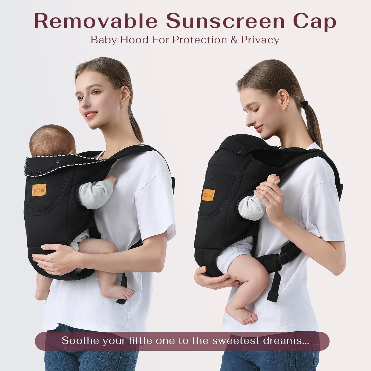 Image displaying a baby in a baby carrier and text about it's details