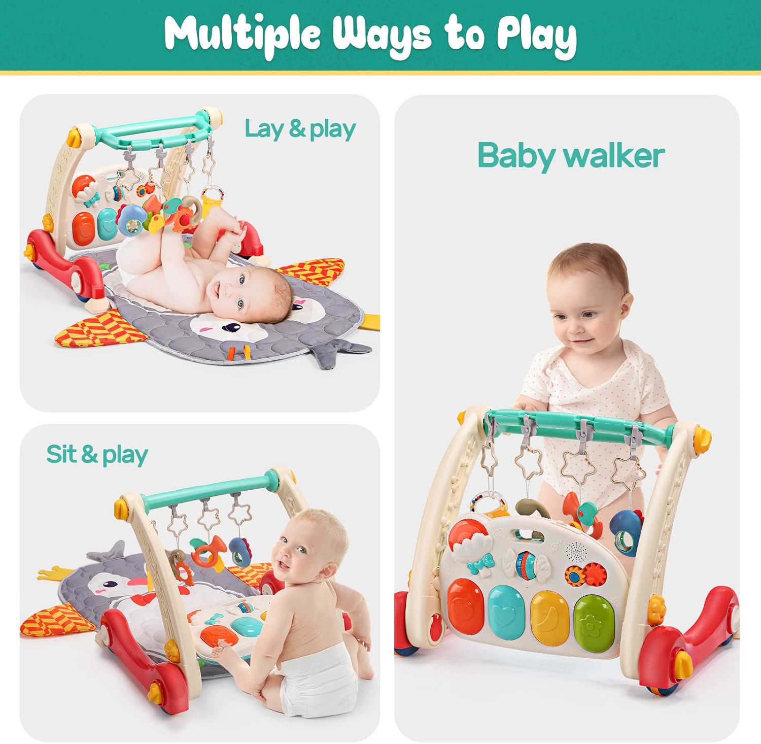 Image displaying a baby with a Baby activity play set and text about it's details