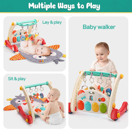 Image displaying a baby with a Baby activity play set and text about it's details