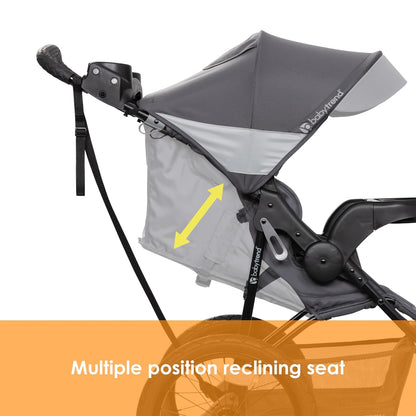 Image displaying a jogging stroller with text about it’s details