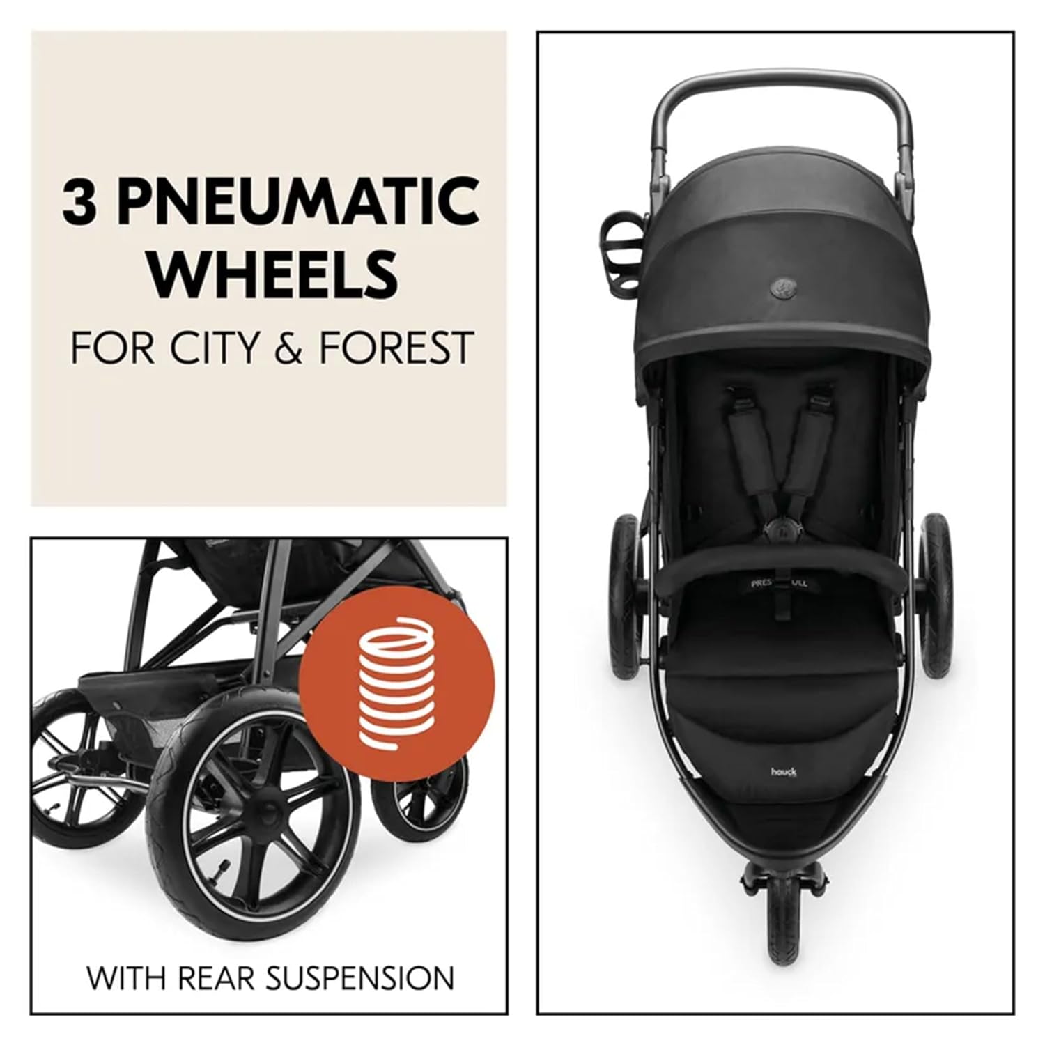 hauck 3 in 1 pram hauck Stroller Rapid 3 Air Reclining Seat, Compact Fold Stroller with Air Tires, Black
