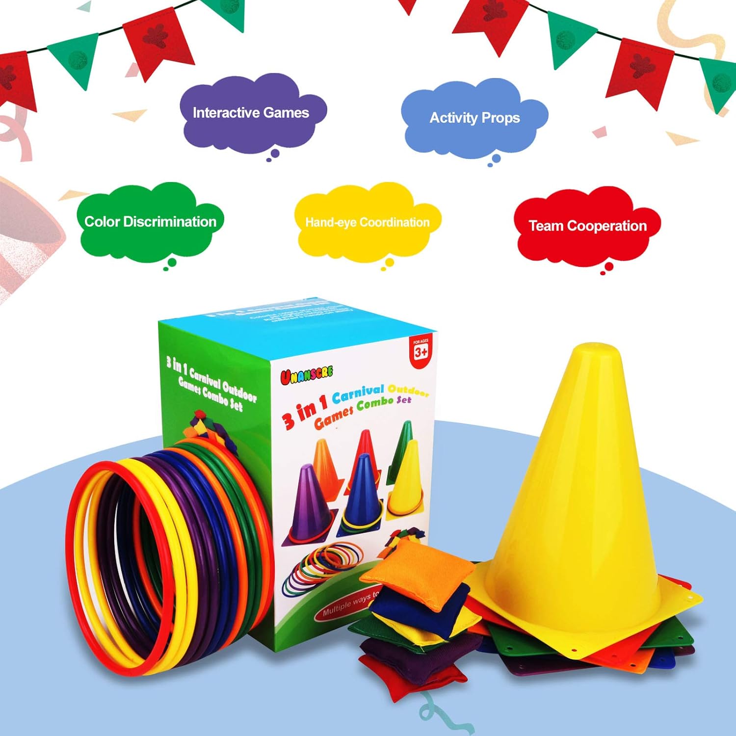 Image displaying a Colorful kids outdoor play equipmentand and text about it's details.