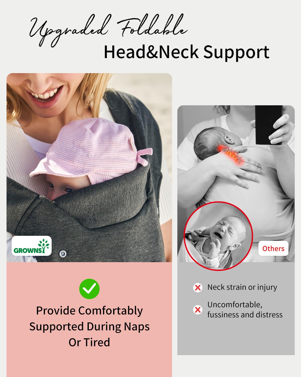 Image displaying a baby in a baby carrier and text about it's deetalis 