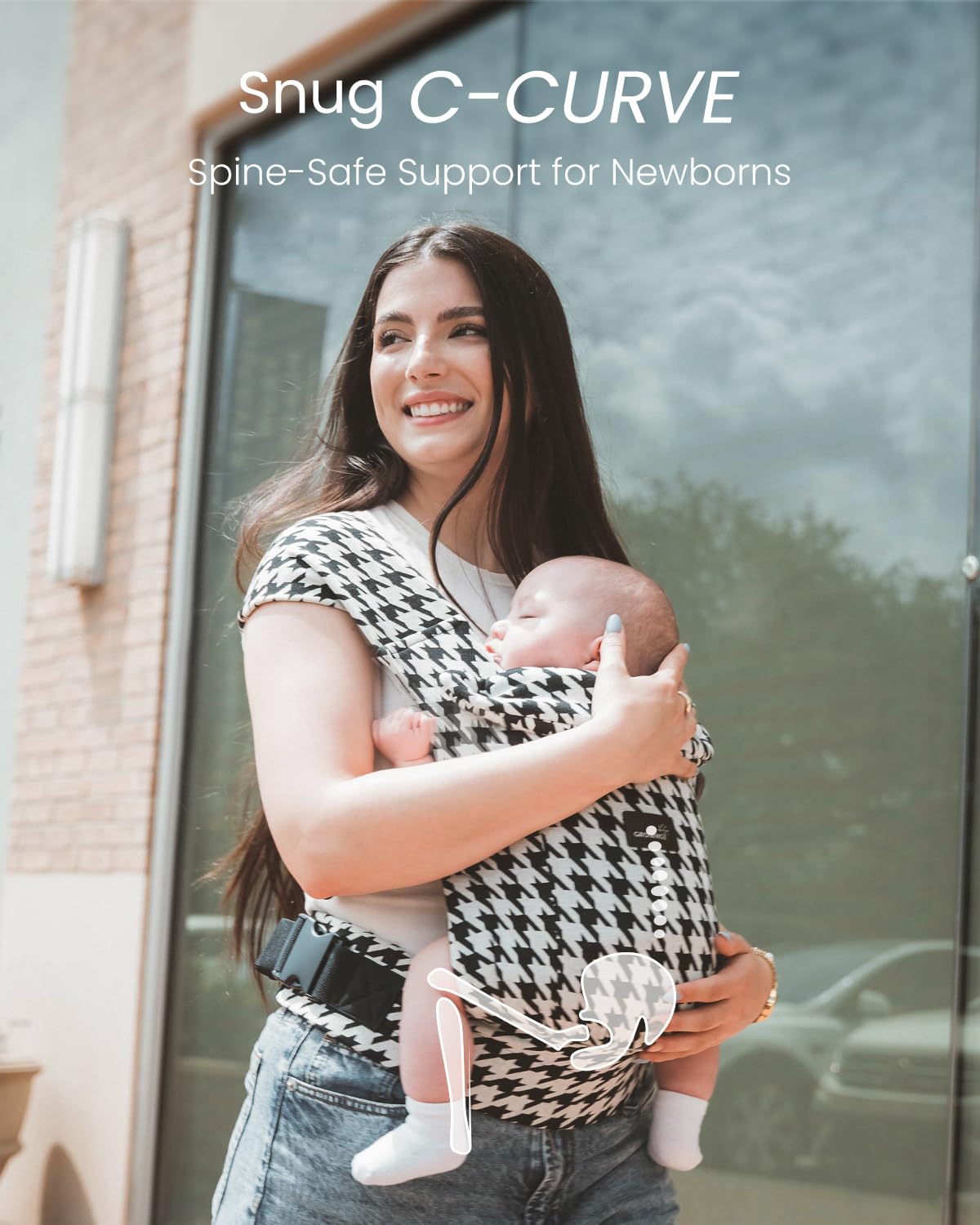 Image displaying a baby in a baby carrier and text about it's deetalis 