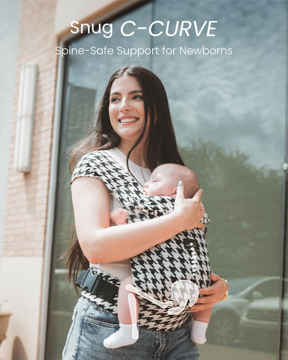 Image displaying a baby in a baby carrier and text about it's deetalis 