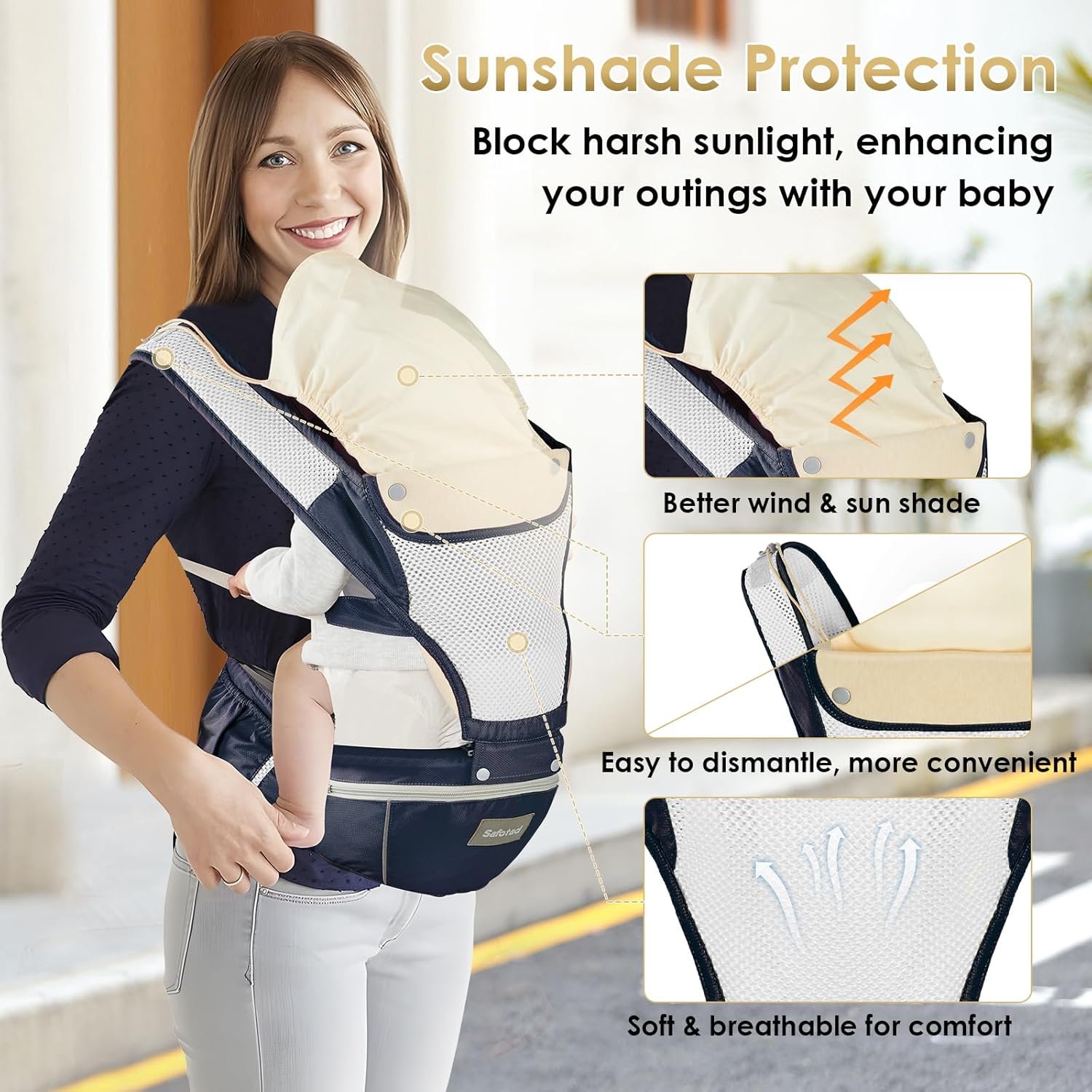 Image displaying a baby in a baby carrier and text about it's details