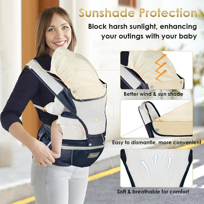 Image displaying a baby in a baby carrier and text about it's details