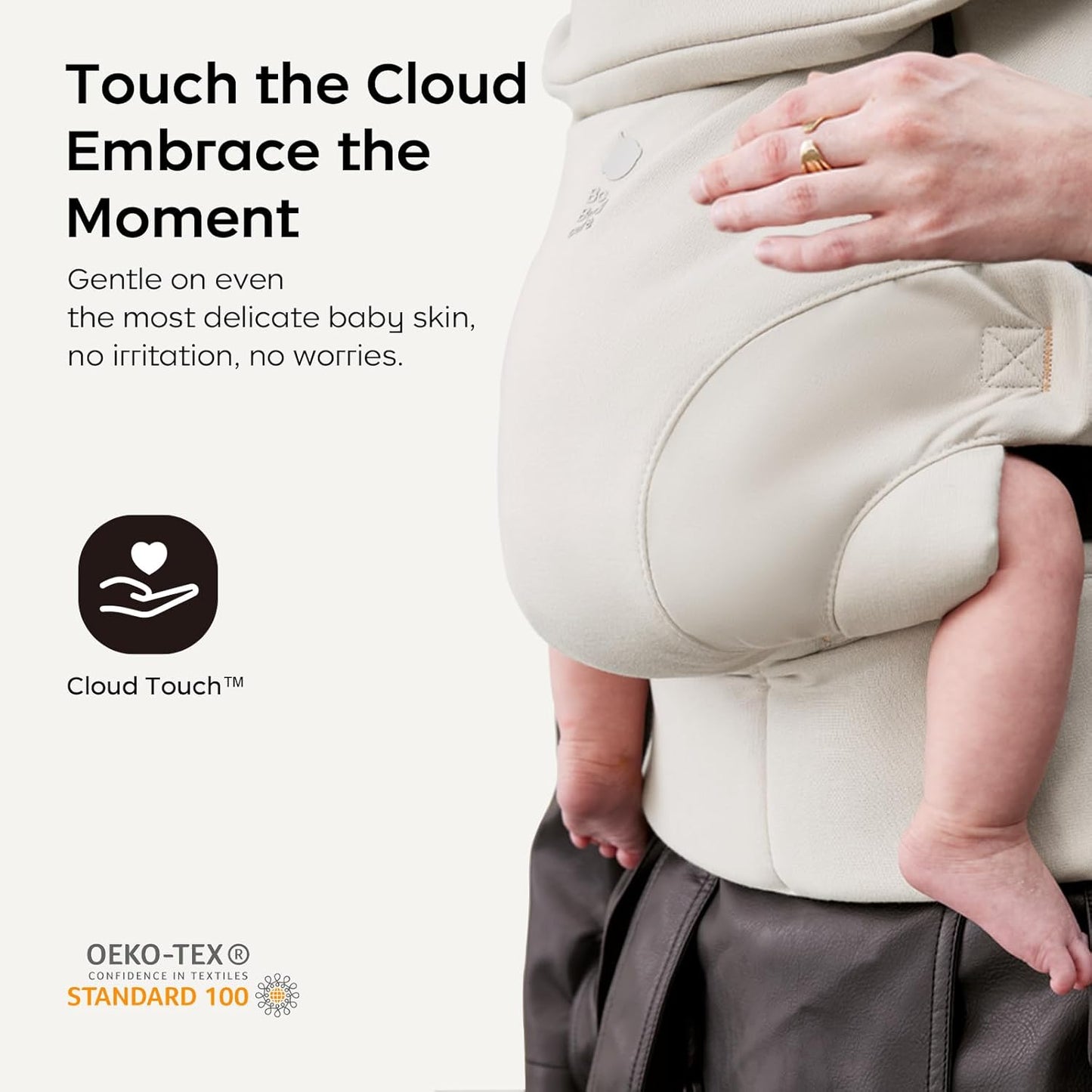 Image displaying a baby in a baby carrier and text about it's details