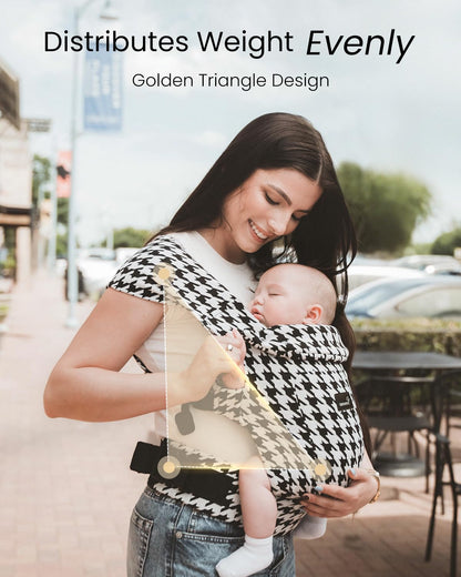 Image displaying a baby in a baby carrier and text about it's deetalis 