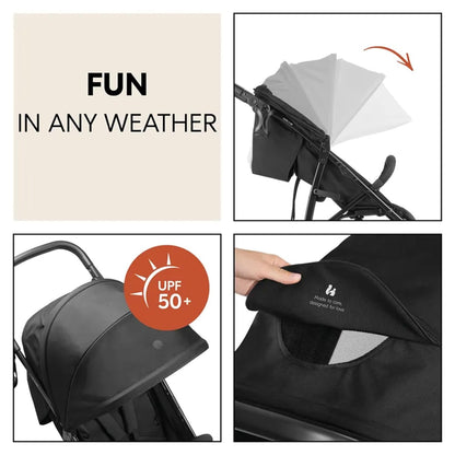 Image displaying a jogging stroller with text about it’s details