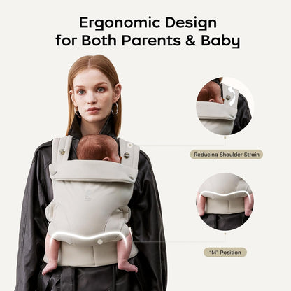 Image displaying a baby in a baby carrier and text about it's details