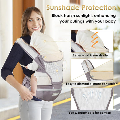 Image displaying a baby in a baby carrier and text about it's details