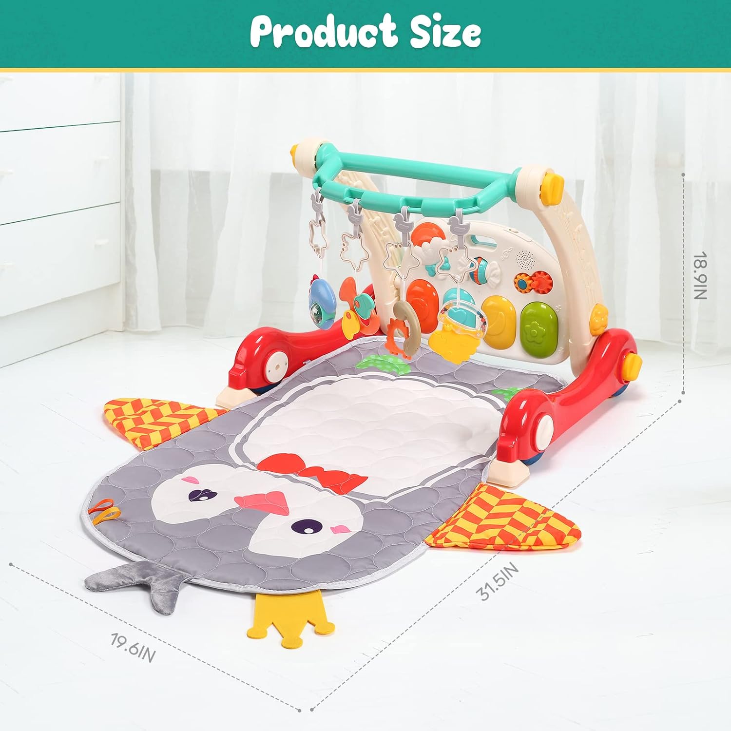 Image displaying text about details of a baby activity playing set and it's dimensions