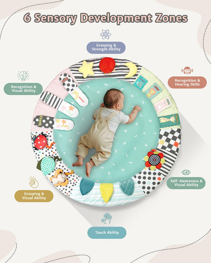 Image displaying a baby with a Baby activity play set and text about it's details