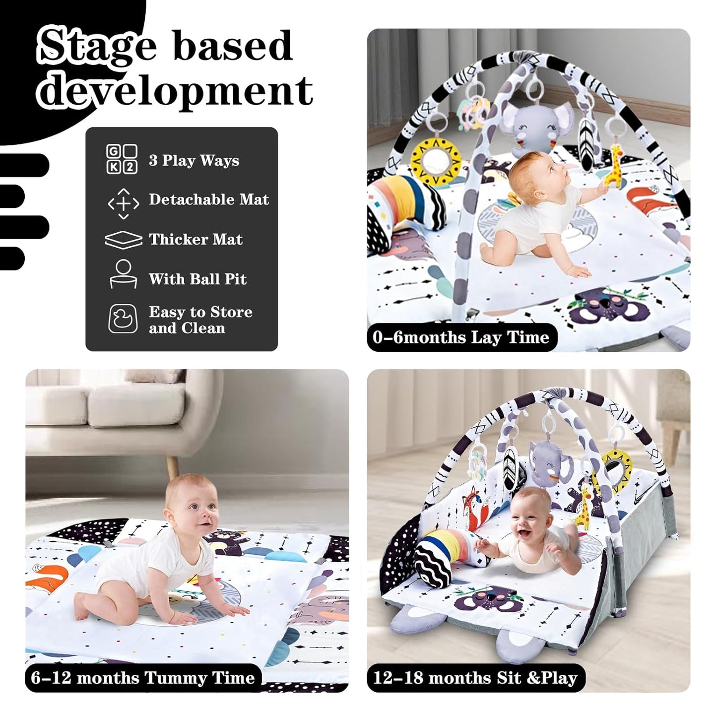 Image displaying a baby with a Baby activity play set and text about it's details
