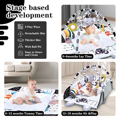 Image displaying a baby with a Baby activity play set and text about it's details