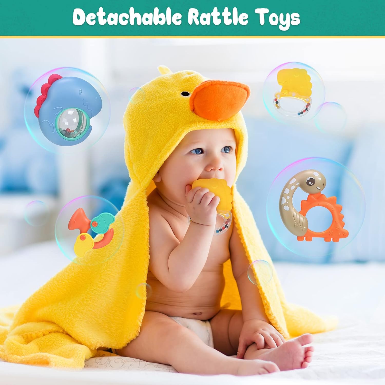 Image displaying a baby with a Baby activity play set and text about it's details