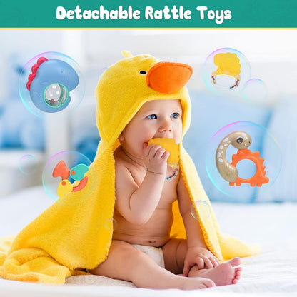 Image displaying a baby with a Baby activity play set and text about it's details