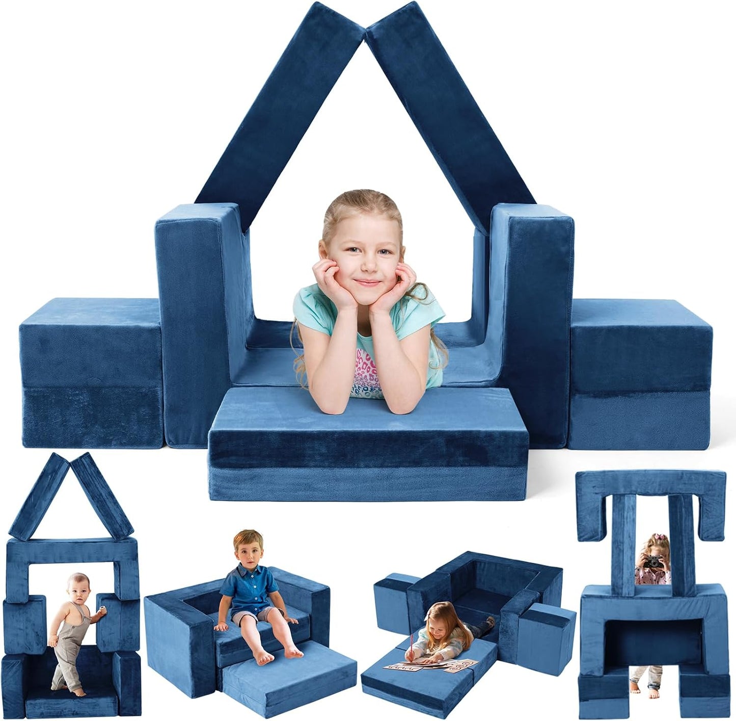 Soft modular play furniture for children, ideal for imaginative play, relaxing, and flexible indoor activities