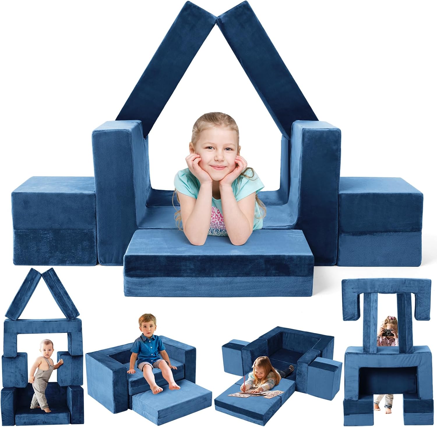 Soft modular play furniture for children, ideal for imaginative play, relaxing, and flexible indoor activities