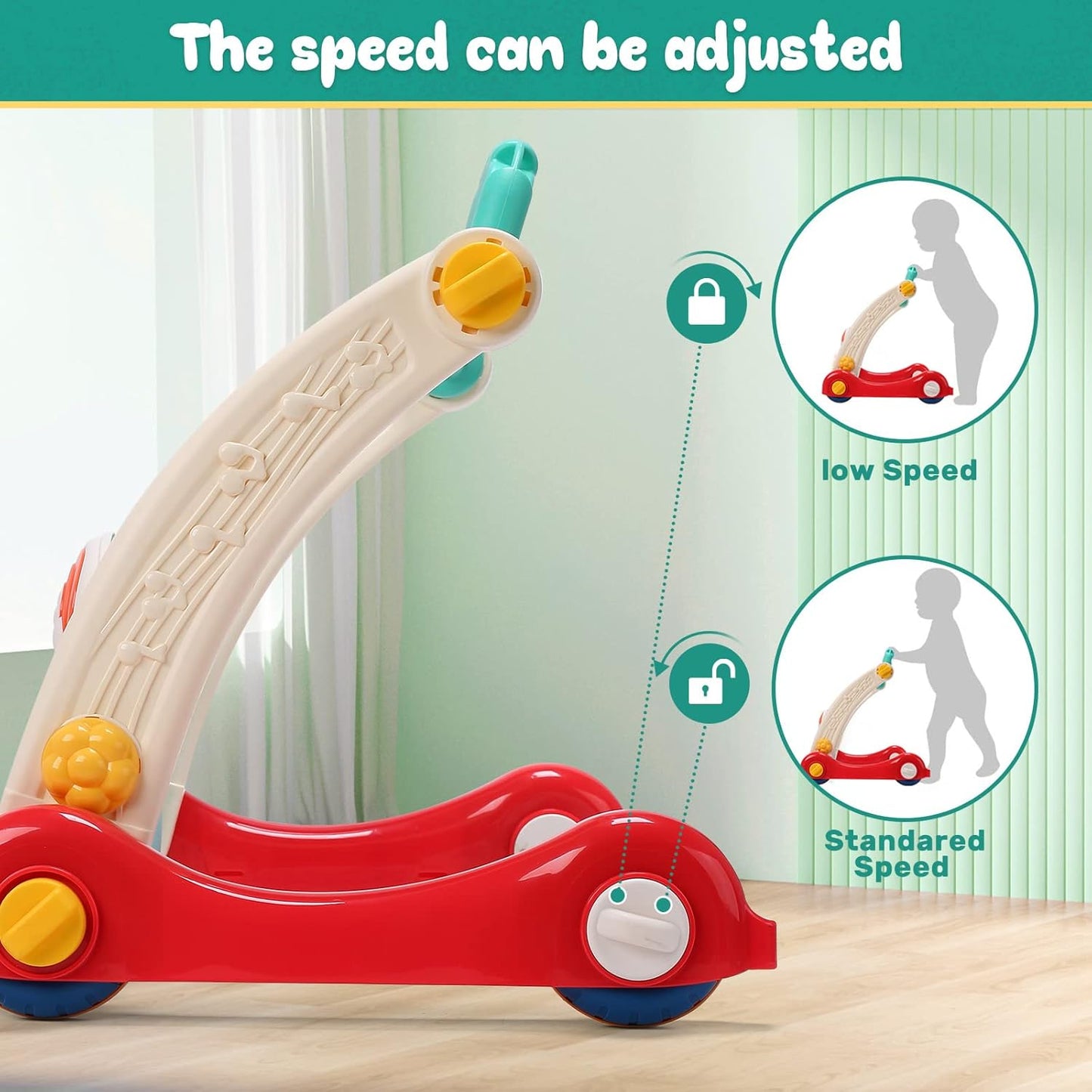 Image displaying a baby with a Baby activity play set and text about it's details