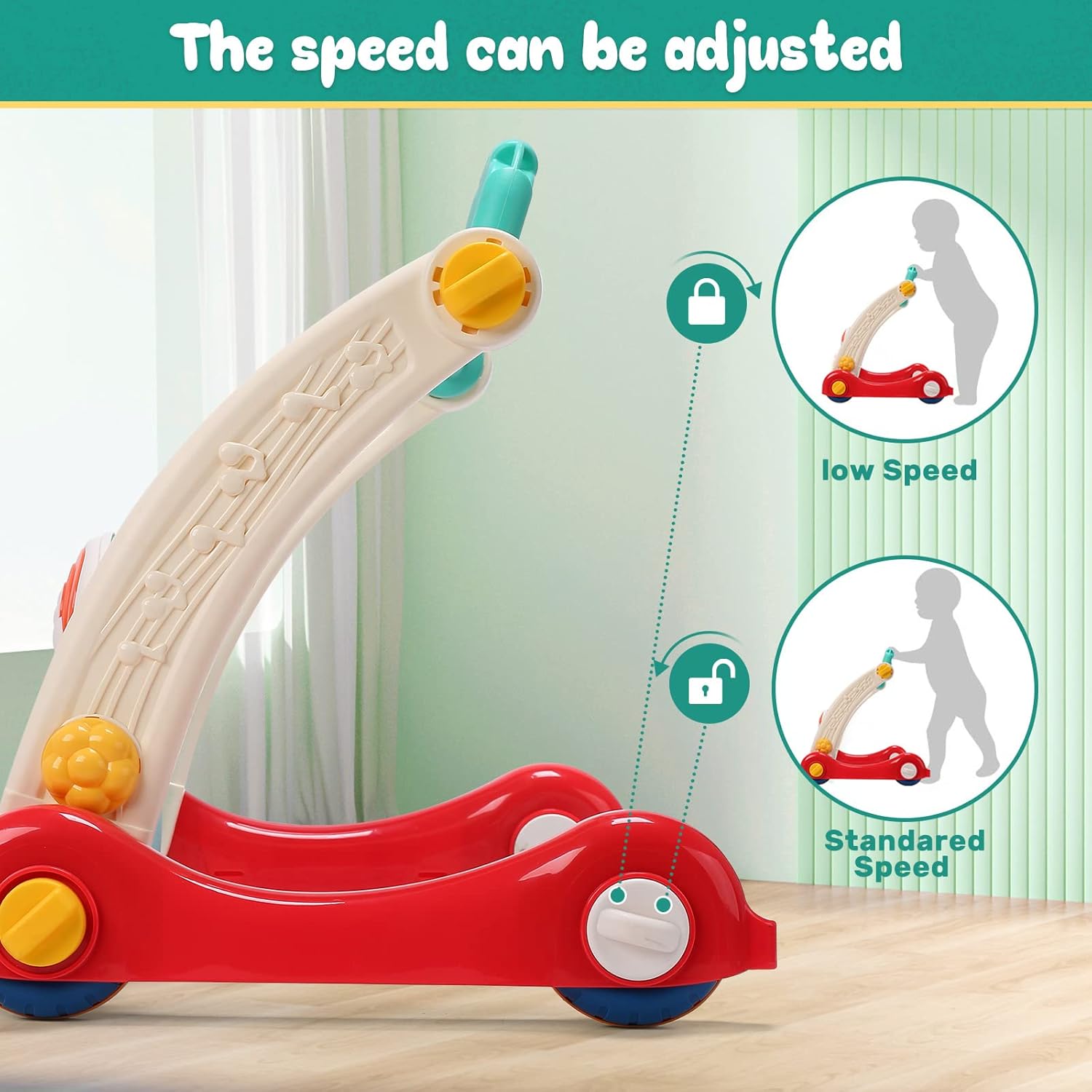 Image displaying a baby with a Baby activity play set and text about it's details