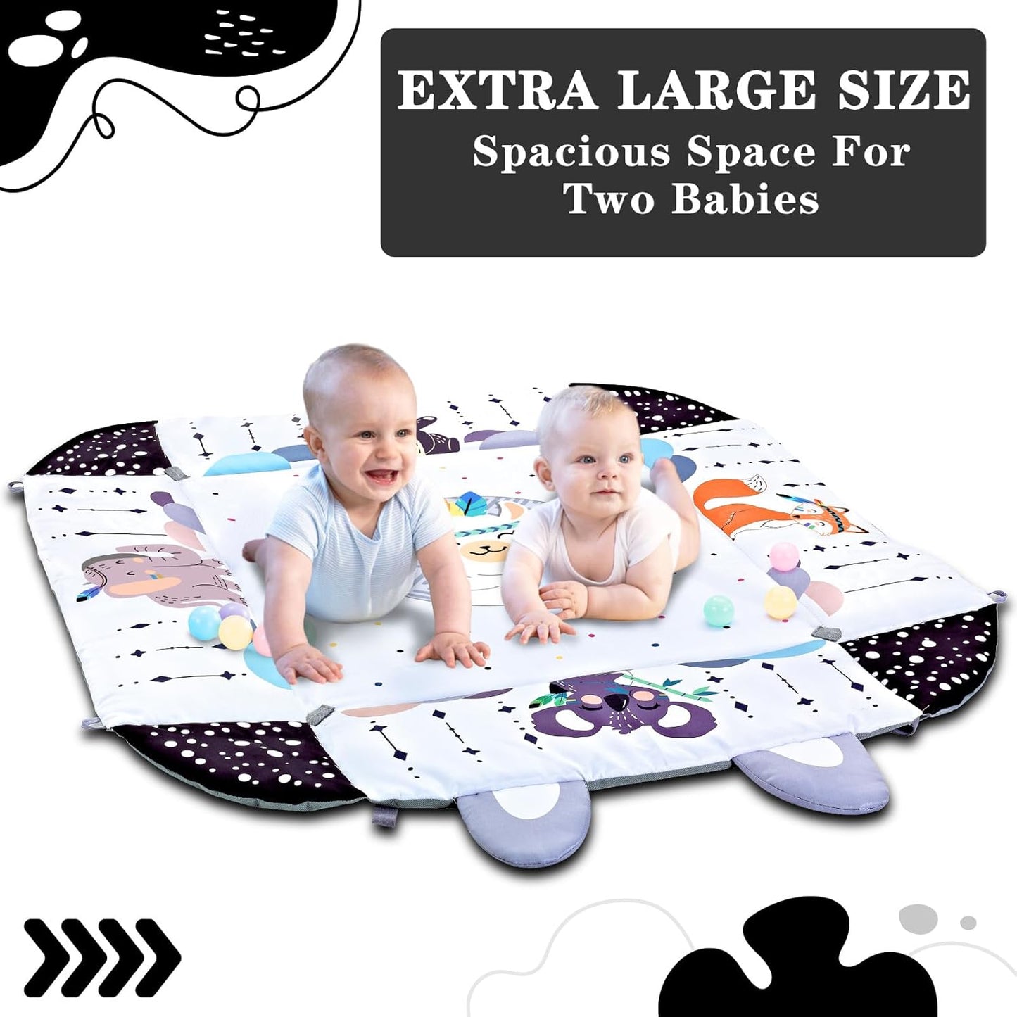 Image displaying a baby with a Baby activity play set and text about it's details