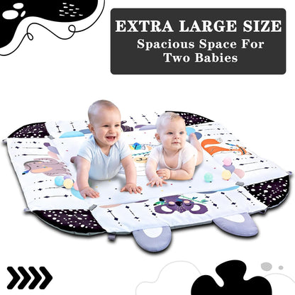 Image displaying a baby with a Baby activity play set and text about it's details