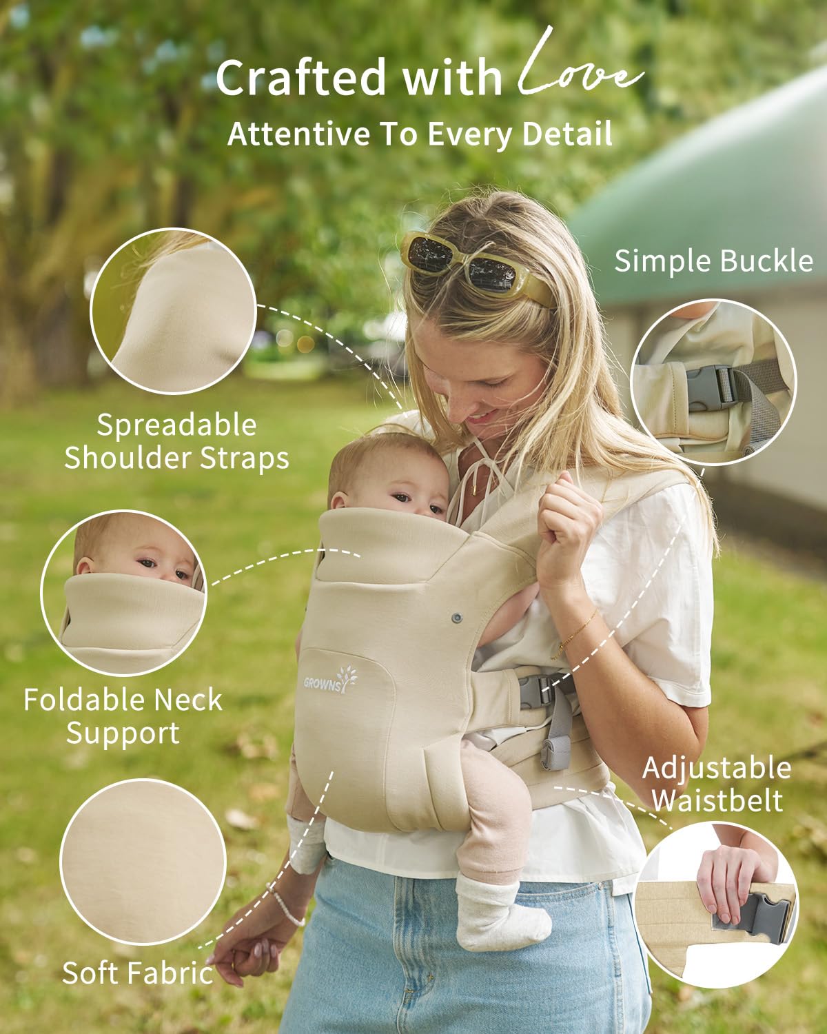 Image displaying a baby in a baby carrier and text about it's deetalis 