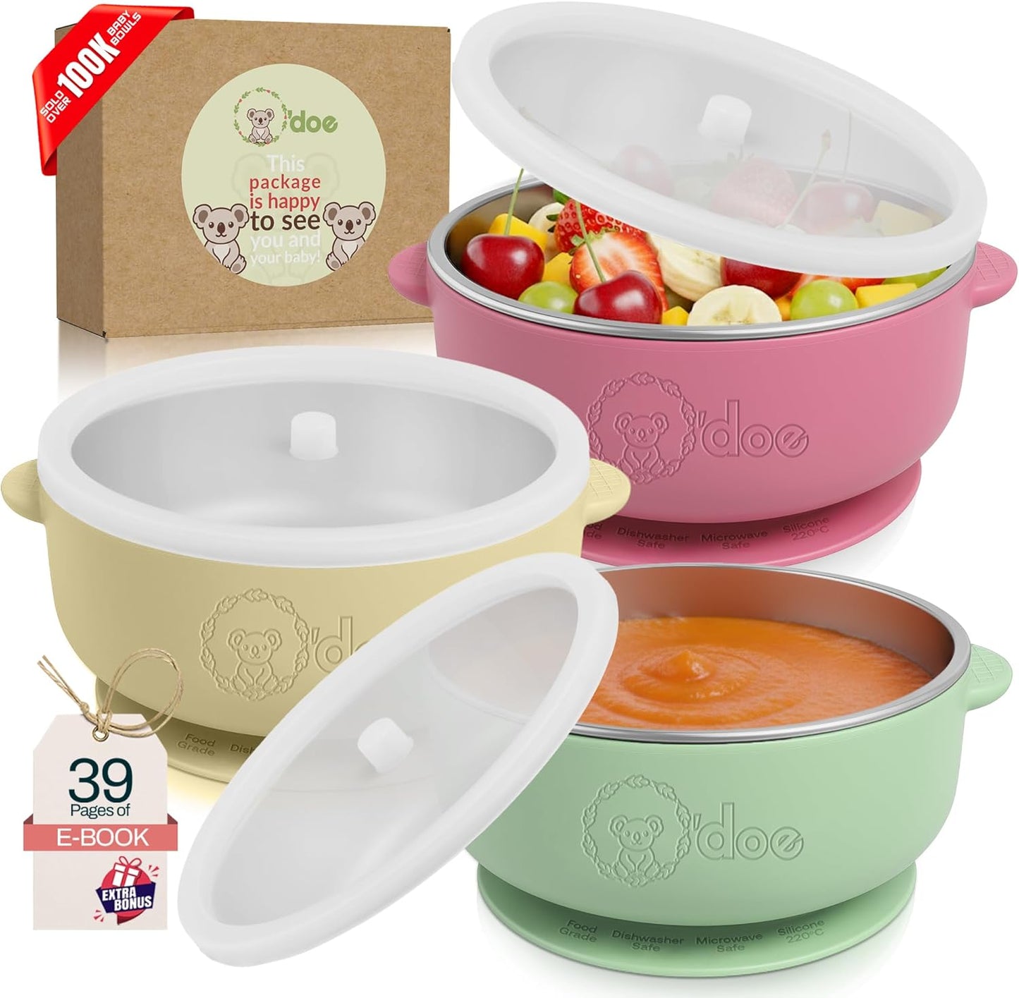 Set of BPA-free baby suction bowls made from stainless steel and food-grade silicone, ideal for toddlers and babies.