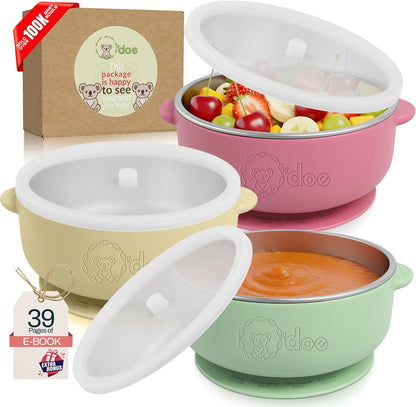 Set of BPA-free baby suction bowls made from stainless steel and food-grade silicone, ideal for toddlers and babies.