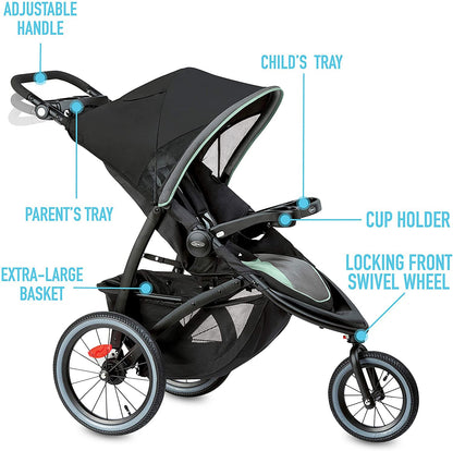 Image displaying a jogging stroller with text about it’s details