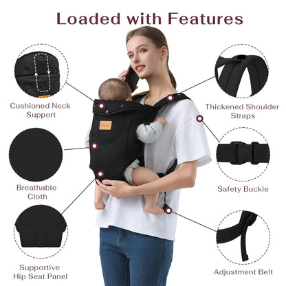 Image displaying a baby in a baby carrier and text about it's details